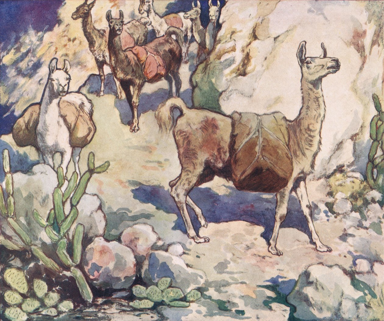 الألبكة على طريق جبلي ، رسم توضيحي من "Helpers Without Hands" بقلم غلاديس ديفيدسون ، نُشر عام 1919 (ليثو ملون) بواسطة جون إدوين نوبل