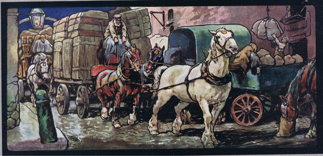 خيول عربة ، رسم توضيحي من "Helpers Without Hands" بقلم غلاديس ديفيدسون ، نُشر عام 1919 (لون ليثو) بواسطة جون إدوين نوبل