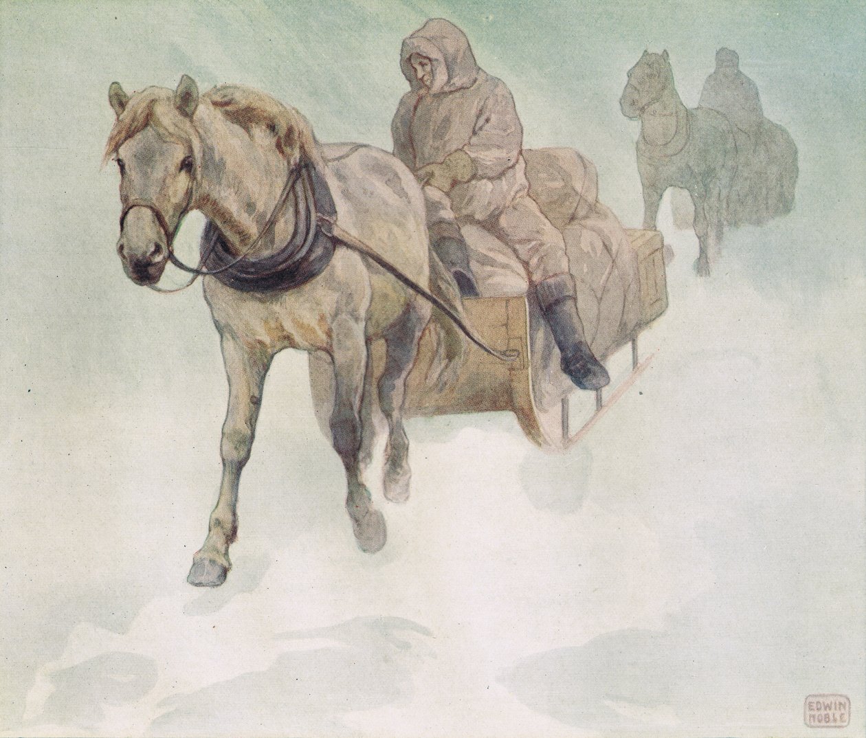 مزلقة مرسوم عليها حصان ، رسم توضيحي من "Helpers Without Hands" بقلم غلاديس ديفيدسون ، نُشر عام 1919 (ليثو ملون) بواسطة جون إدوين نوبل