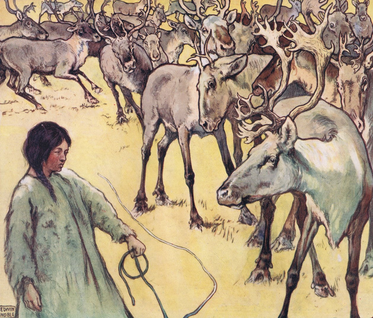 قطيع الموظ ، رسم توضيحي من "Helpers Without Hands" بقلم غلاديس ديفيدسون ، نُشر عام 1919 (ليثو ملون) بواسطة جون إدوين نوبل