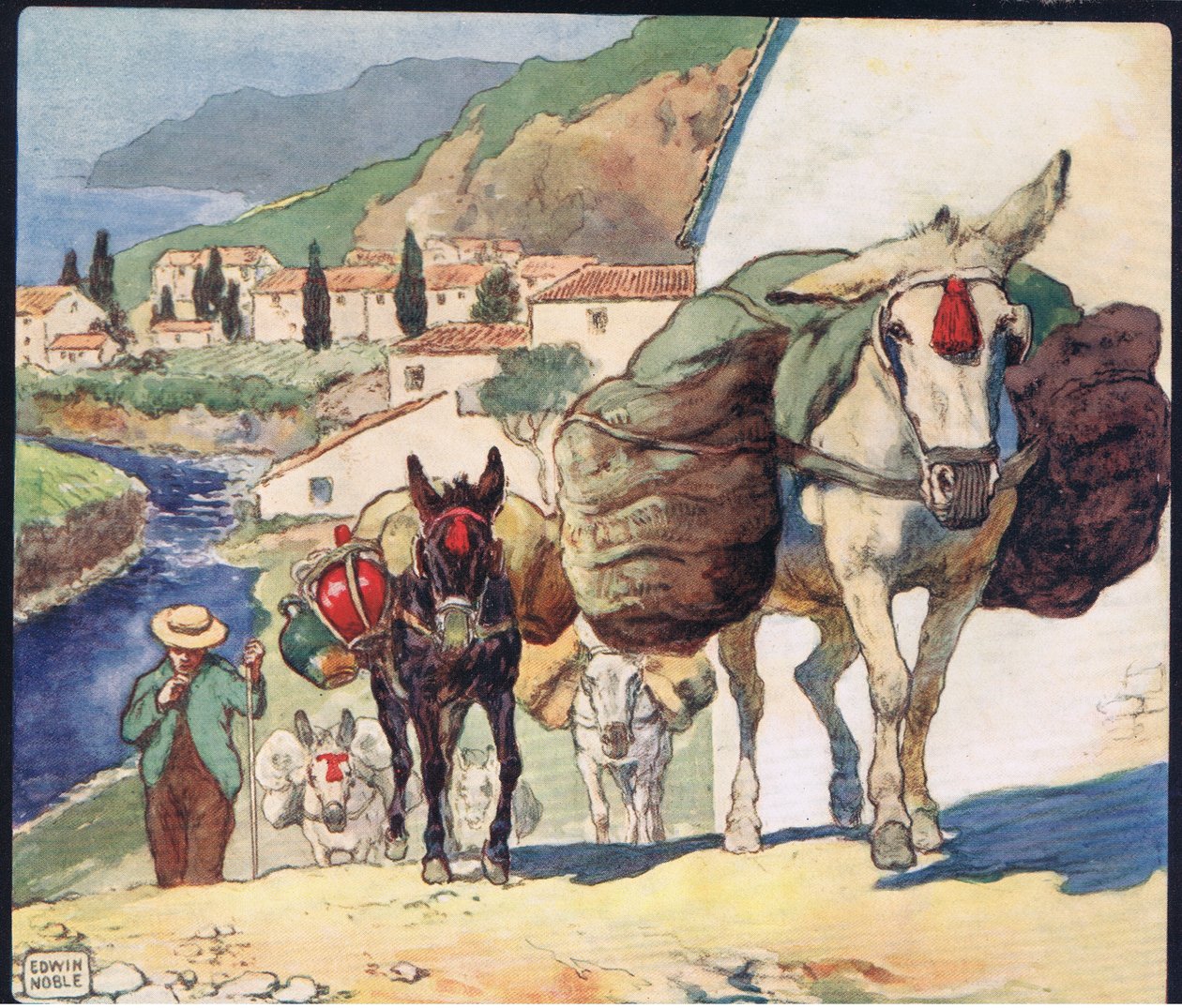 بغال على ممر إسباني ، رسم توضيحي من "Helpers Without Hands" بقلم غلاديس ديفيدسون ، نُشر عام 1919 (ليثو ملون) بواسطة جون إدوين نوبل