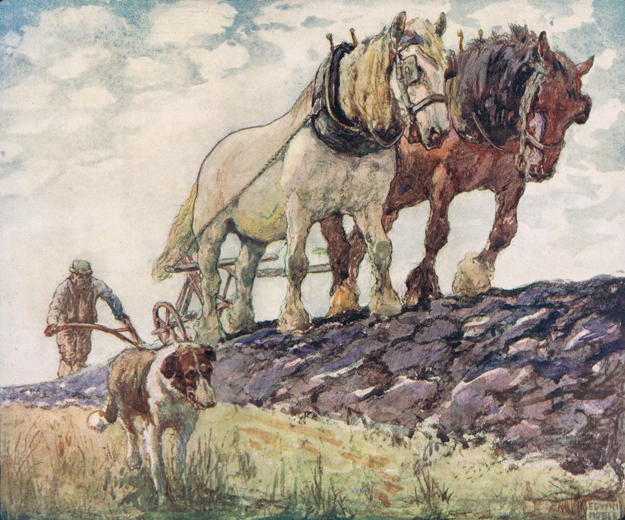 حرث الحقل ، رسم توضيحي من "Helpers Without Hands" بقلم غلاديس ديفيدسون ، نُشر عام 1919 (لون ليثو) بواسطة جون إدوين نوبل