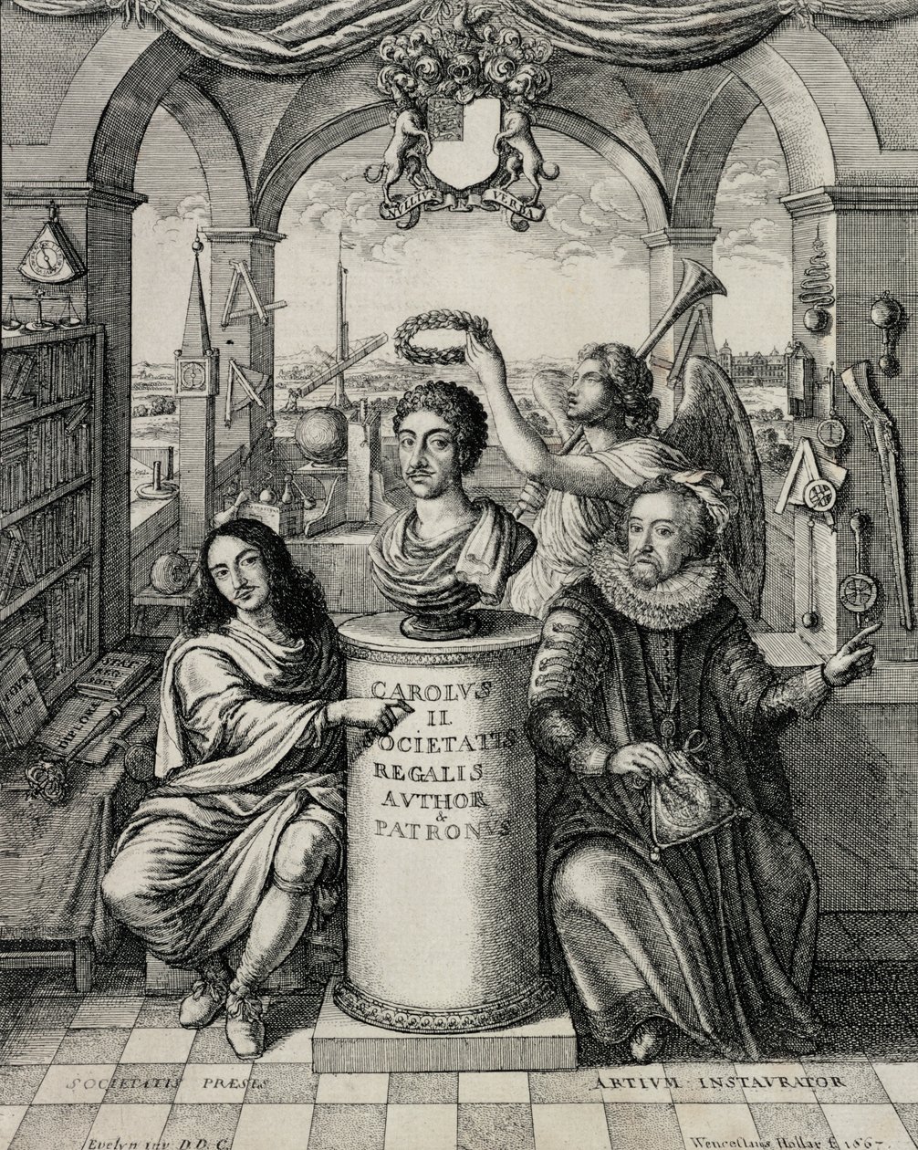 تشارلز الثاني (1630-1685) بصفته راعي الجمعية الملكية ، منقوش بواسطة Wenceslaus Hollar (1607-77) 1667 بواسطة جون إيفلين