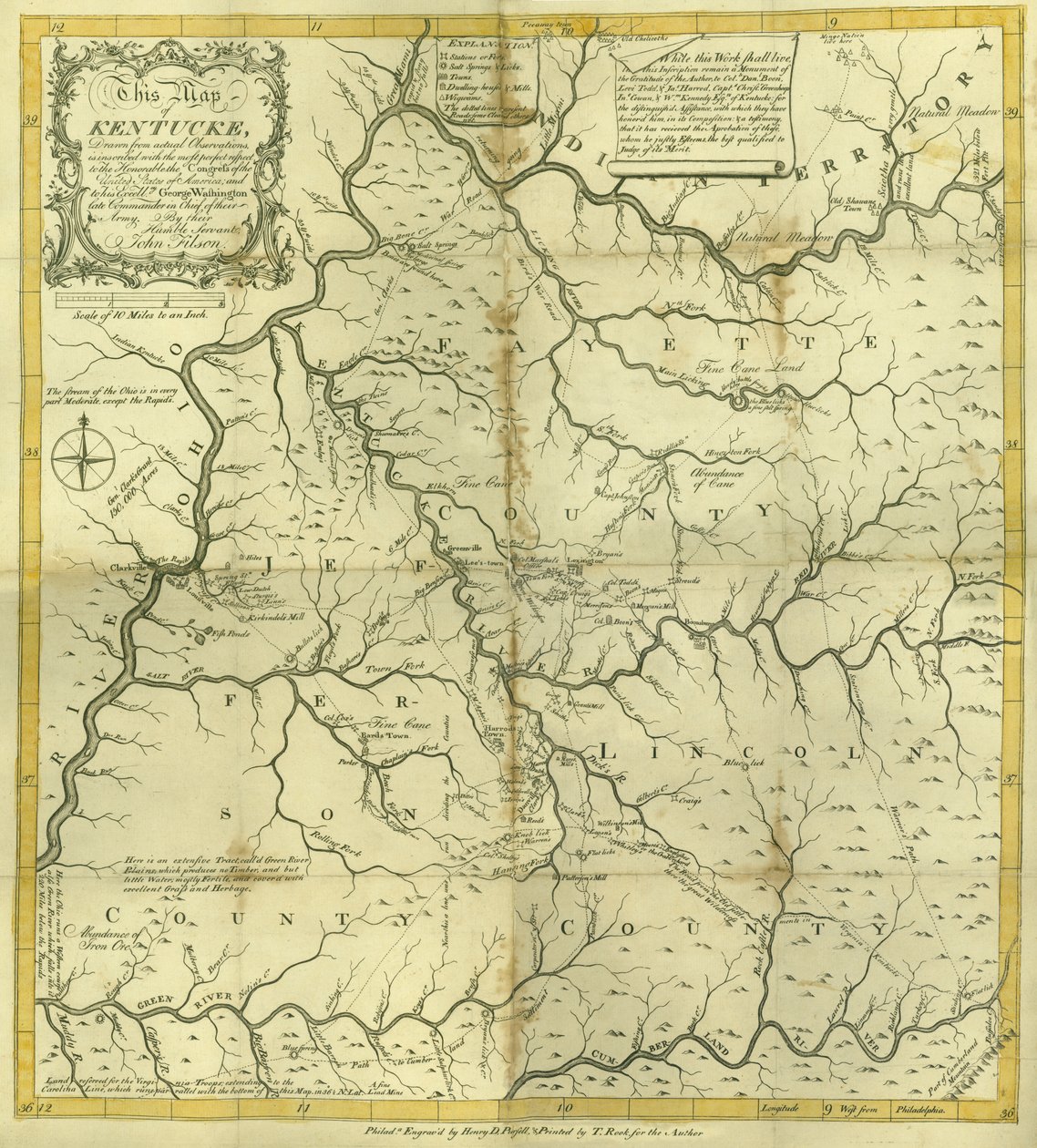 خريطة كنتاكي ... ، نقشها هنري دي بورسيل ، طبعها ت.روك ، فيلادلفيا ، 1784 بواسطة جون فيلسون
