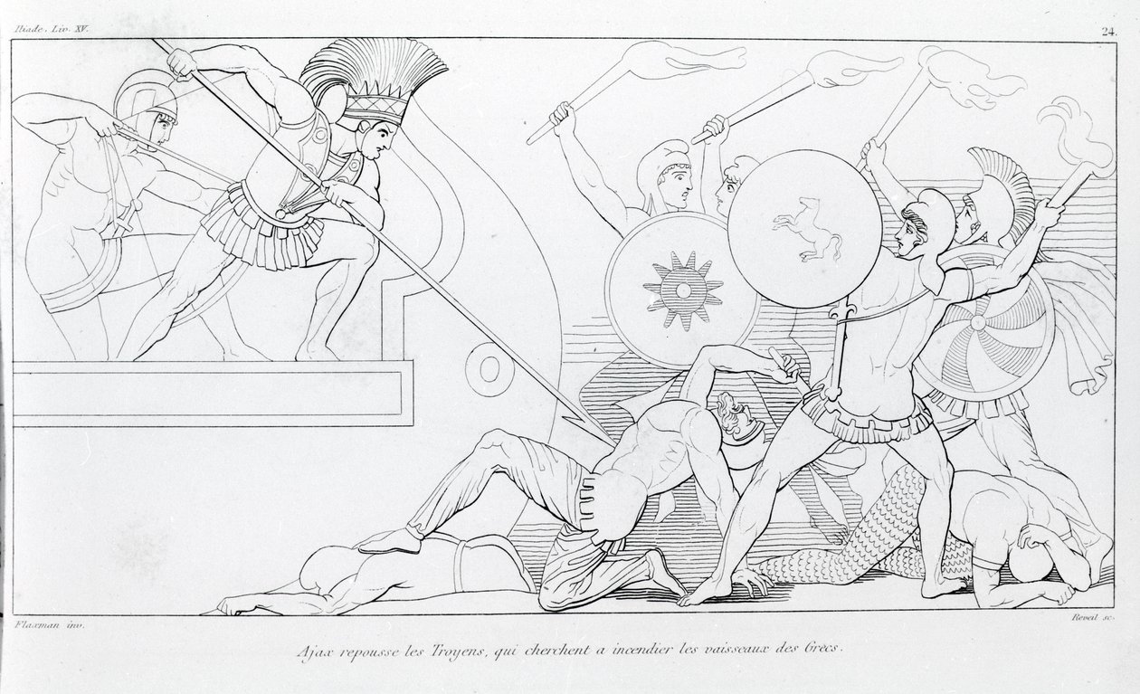 أياكس يصد أحصنة طروادة الذين يسعون لحرق السفن اليونانية. رسم جون فلاكسمان (1755 - 1826). إلياذة هوميروس. الغناء الخامس عشر. بواسطة جون فلاكسمان