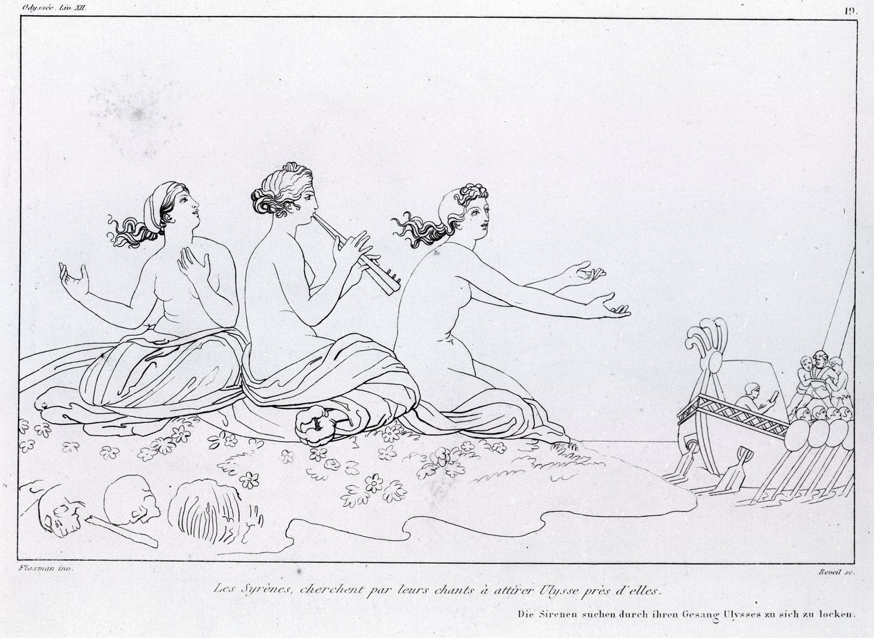 تسعى حوريات البحر من خلال أغنيتهم إلى جذب أوليسيس. رسم جون فلاكسمان (1755 - 1826). ملحمة هوميروس. الأغنية الثانية عشر. بواسطة جون فلاكسمان