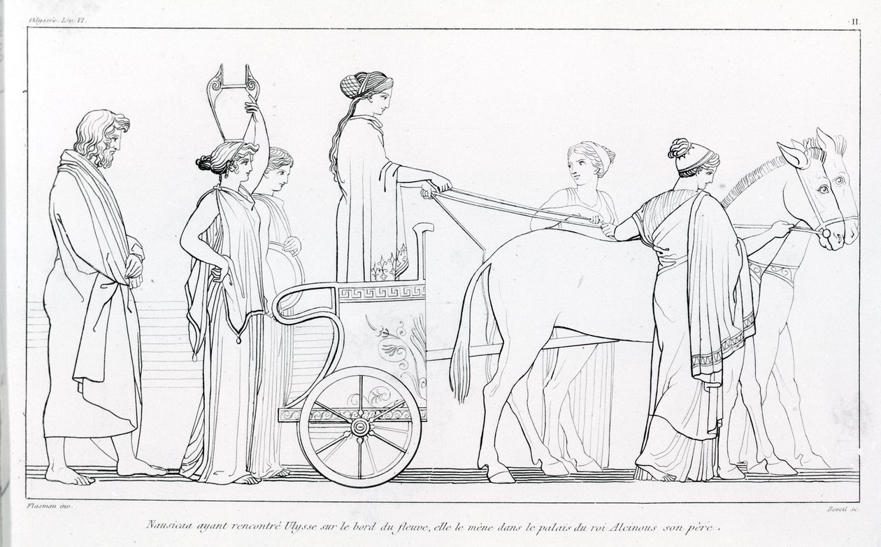 Nausicaa ، الذي قابل للتو أوليسيس ، يعيده إلى قصر والده الملك Alkinoos. رسم جون فلاكسمان (1755 - 1826). ملحمة هوميروس. أغنية السادس. بواسطة جون فلاكسمان