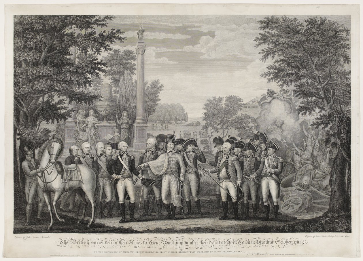 يسلم البريطانيون أسلحتهم للجنرال: واشنطن بعد هزيمتهم في يورك تاون في فيرجينيا أكتوبر 1781. بواسطة جون فرانسيس (بعد) رينو