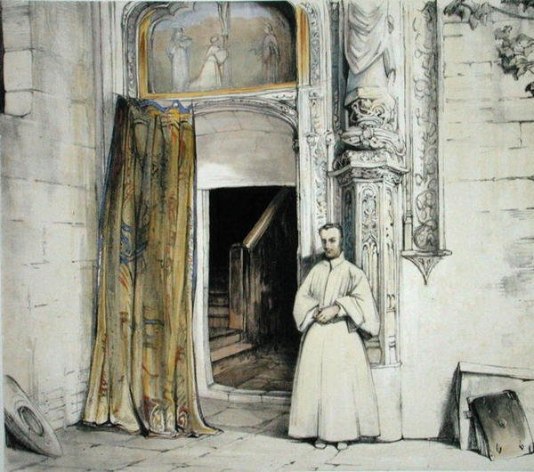 باب دير ، طليطلة ، من "اسكتشات إسبانيا" ، نقشها تشارلز جوزيف هولمانديل (1789-1850) نُشر عام 1836 (ليثو ملون) بواسطة جون فريدريك (بعد) لويس