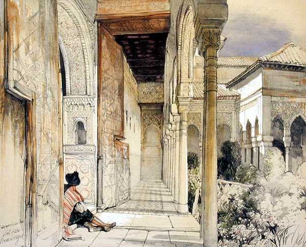 مدخل قاعة أبينسيراجيس (سالا دي لوس أبينسيراجيس) ، من "اسكتشات ورسومات قصر الحمراء" ، نقشها جيمس دوفيلد هاردينغ (1798-1863) (ليثو) بواسطة جون فريدريك (بعد) لويس