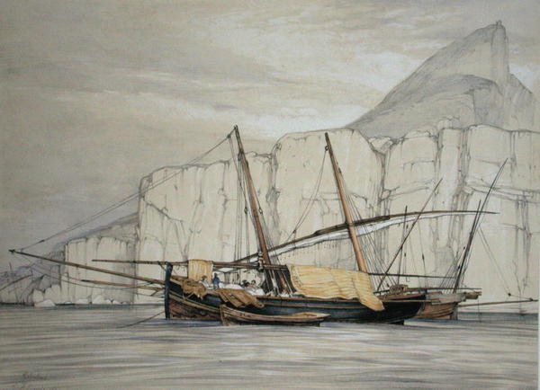 جبل طارق ، من "اسكتشات إسبانيا" ، نقشها تشارلز جوزيف هولمانديل (1789-1850) ، نُشر عام 1836 (ليثو ملون) بواسطة جون فريدريك (بعد) لويس