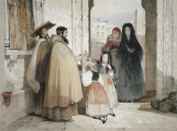 الرهبان المتسولون يتلقون الصدقات ، من "اسكتشات إسبانيا" ، نقشها تشارلز جوزيف هولماندل (1789-1850) ، نُشر عام 1836 (ليثو ملون) بواسطة جون فريدريك (بعد) لويس