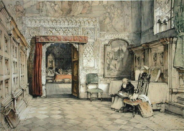 سالا كابيتولار ، طليطلة ، من "اسكتشات إسبانيا" ، نقشها تشارلز جوزيف هولمانديل (1789-1850) ، نُشرت عام 1836 (حجرية ملونة) بواسطة جون فريدريك (بعد) لويس