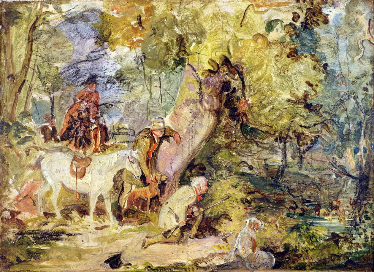رسم تخطيطي لـ &39;Foresters Stalking Deer&39; (زيت فوق فحم على لوح) بواسطة جون فريدريك لويس
