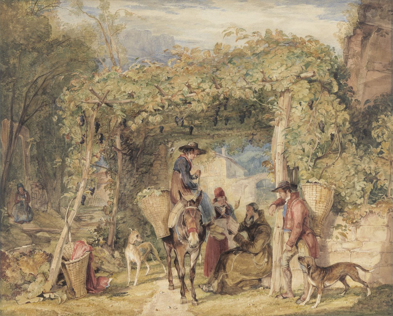 شخصيات وحيوانات في مزرعة عنب ، حوالي عام 1829 (ألوان مائية ، غواش ، جرافيت على ورق) بواسطة جون فريدريك لويس