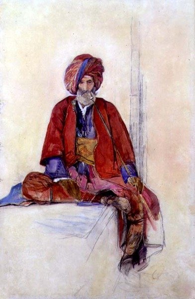 دراسة لتركي جالس يدخن غليونًا طويلًا حوالي عام 1841 (طباشير وألوان مائية وغواش) بواسطة جون فريدريك لويس