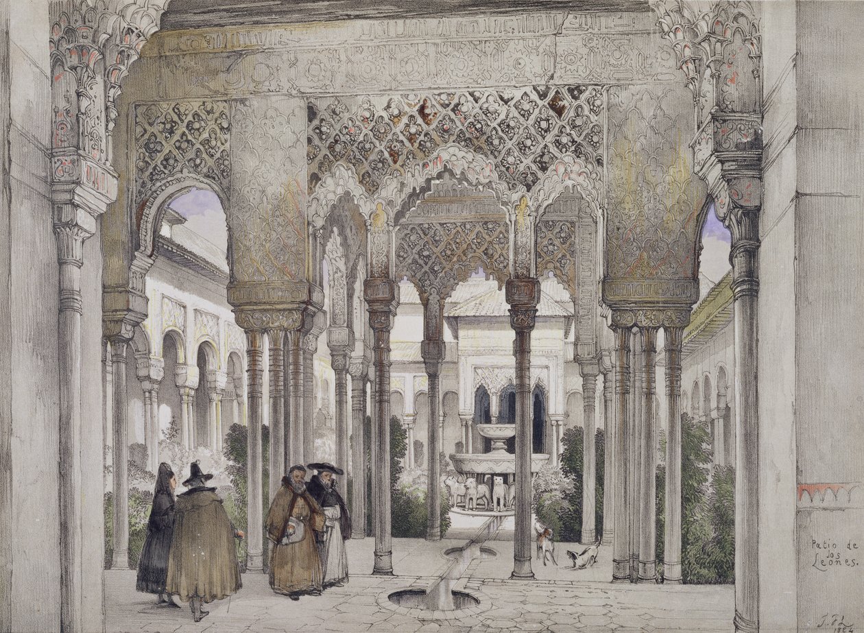 محكمة الأسود (Patio de los Leones) ، من "اسكتشات ورسومات قصر الحمراء" ، نقشها ويليام غوتشي (fl.1825-54) ، 1834 بواسطة جون فريدريك لويس