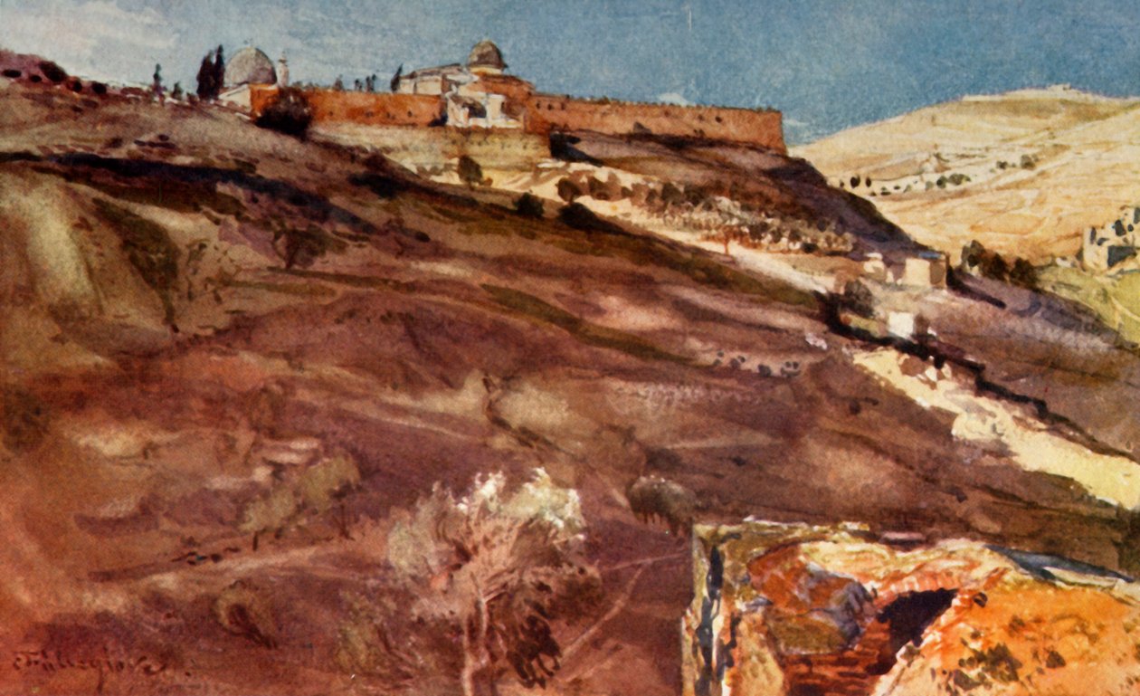 بيت المقدس. - الجدار الجنوبي لمنطقة المعبد من وادي هنوم عند الغروب 1902. بواسطة جون فوليلوف