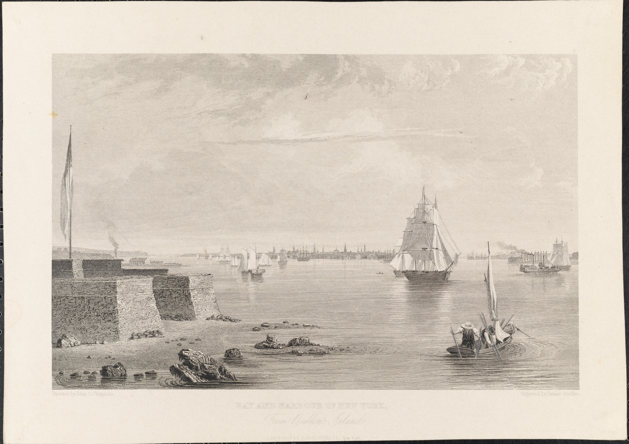 خليج وميناء نيويورك من جزيرة بيدلون [بيدلو] ، نقشها جيمس سميلي ، حوالي 1840 (نقش) بواسطة جون جادسبي تشابمان
