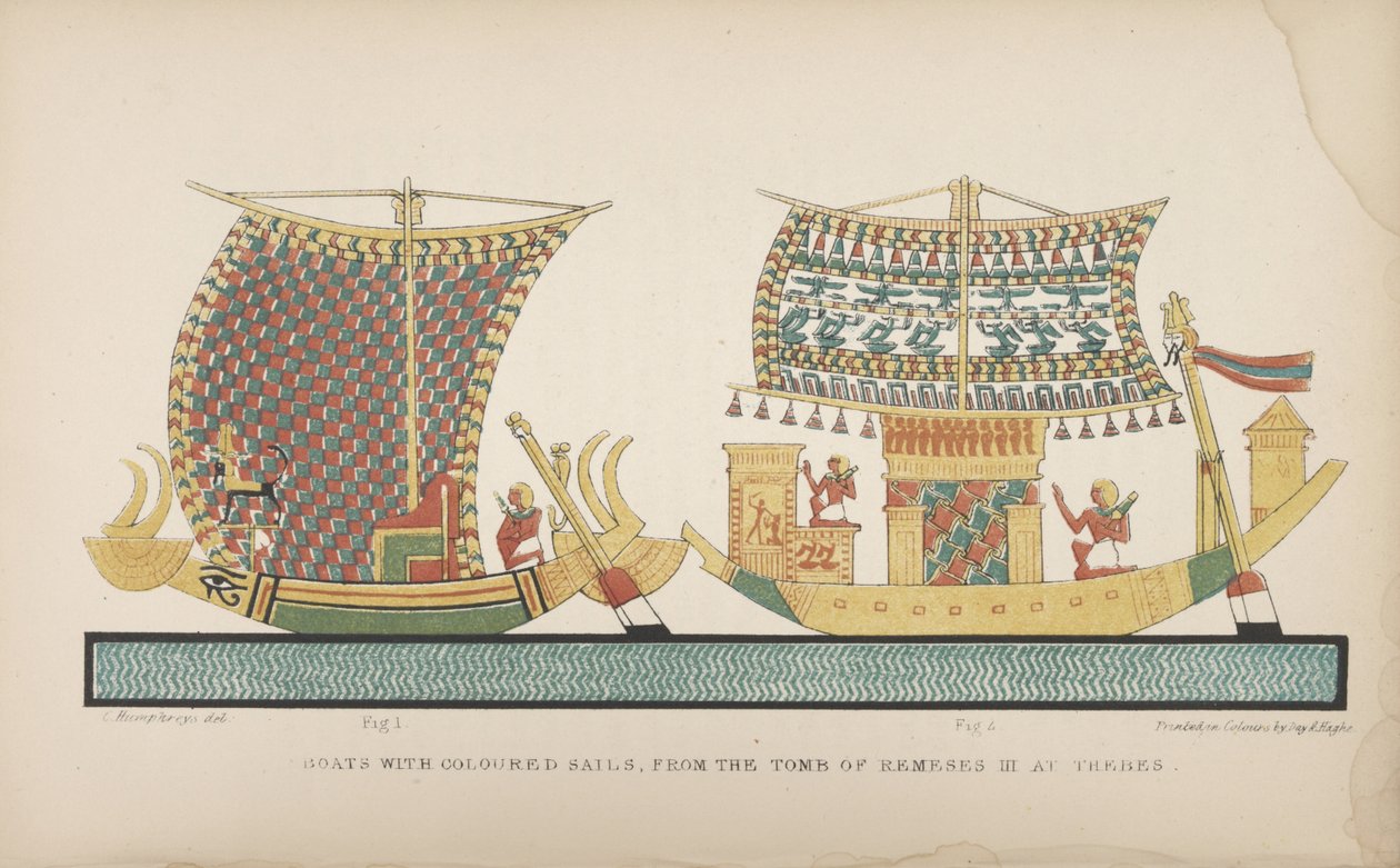 قوارب ذات أشرعة ملونة ، من مقبرة Remeses III في طيبة ، رسم توضيحي من "آداب وعادات المصريين القدماء ..." ، 1837-41 بواسطة جون جاردنر ويلكنسون