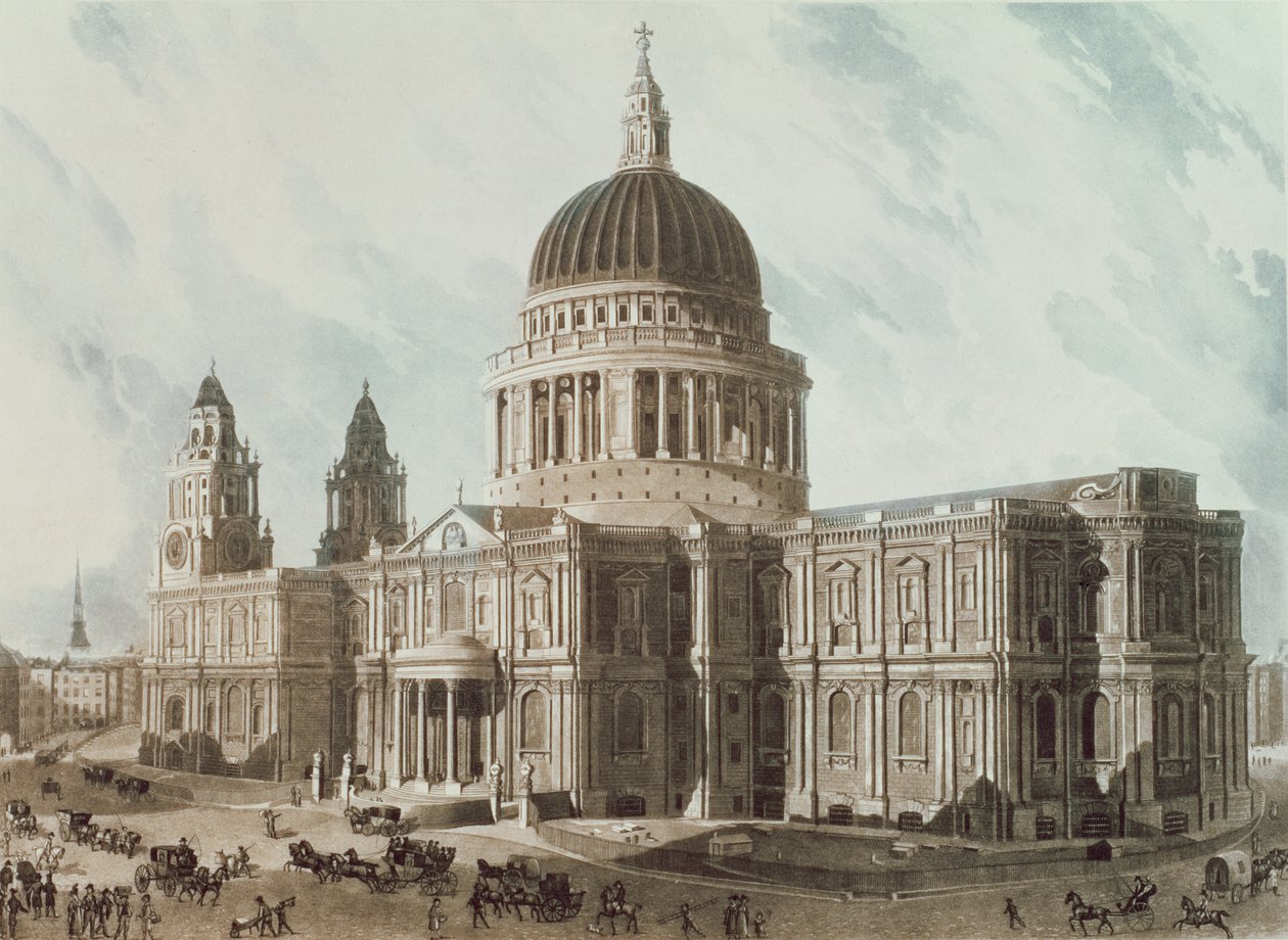 منظر جنوبي شرقي لكاتدرائية القديس بولس ، نقشها دانيال هافيل (1785-1826) ، حانة. 1818 من قبل مستودع آكرمان للفنون بواسطة جون جندال