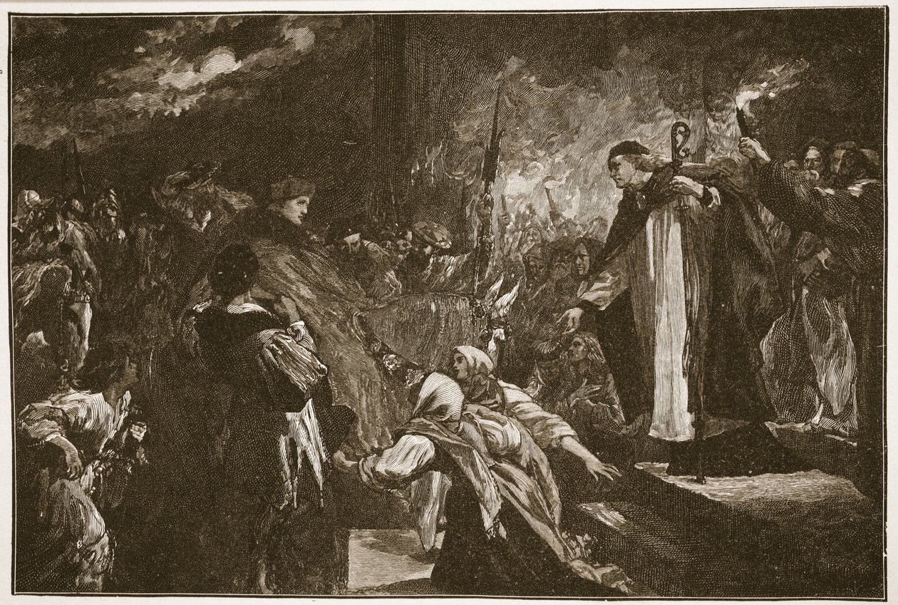الكاردينال Wolsey في دير ليستر ، توضيح من "كنيسة إنجلترا: تاريخ للشعب" بقلم HDM Spence-Jones ، حانة. ج .1910 (صورة بني داكن) بواسطة جون جيلبرت