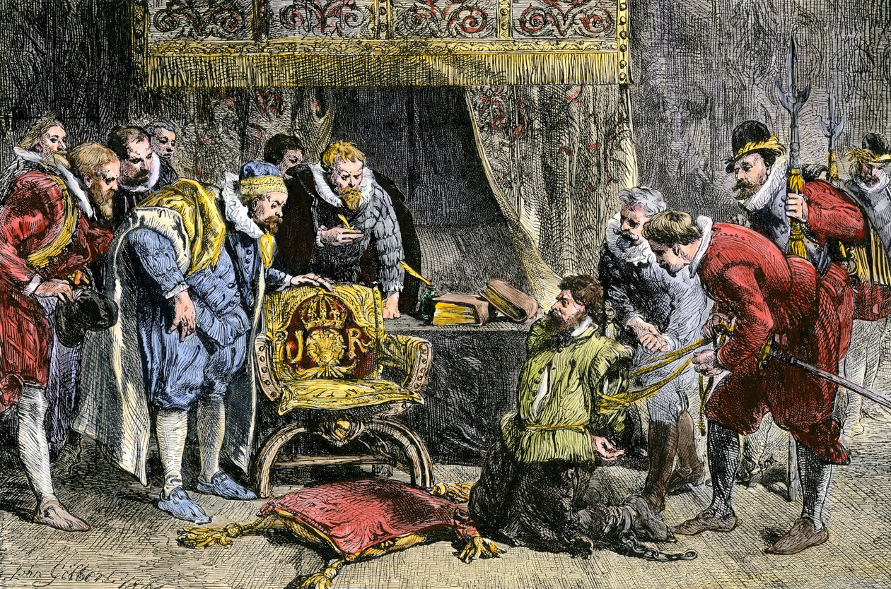 جاي فوكس أمام ملك إنجلترا جيمس الأول بعد مؤامرة البارود في 5 نوفمبر 1605. القرن التاسع عشر (نقش) بواسطة جون جيلبرت