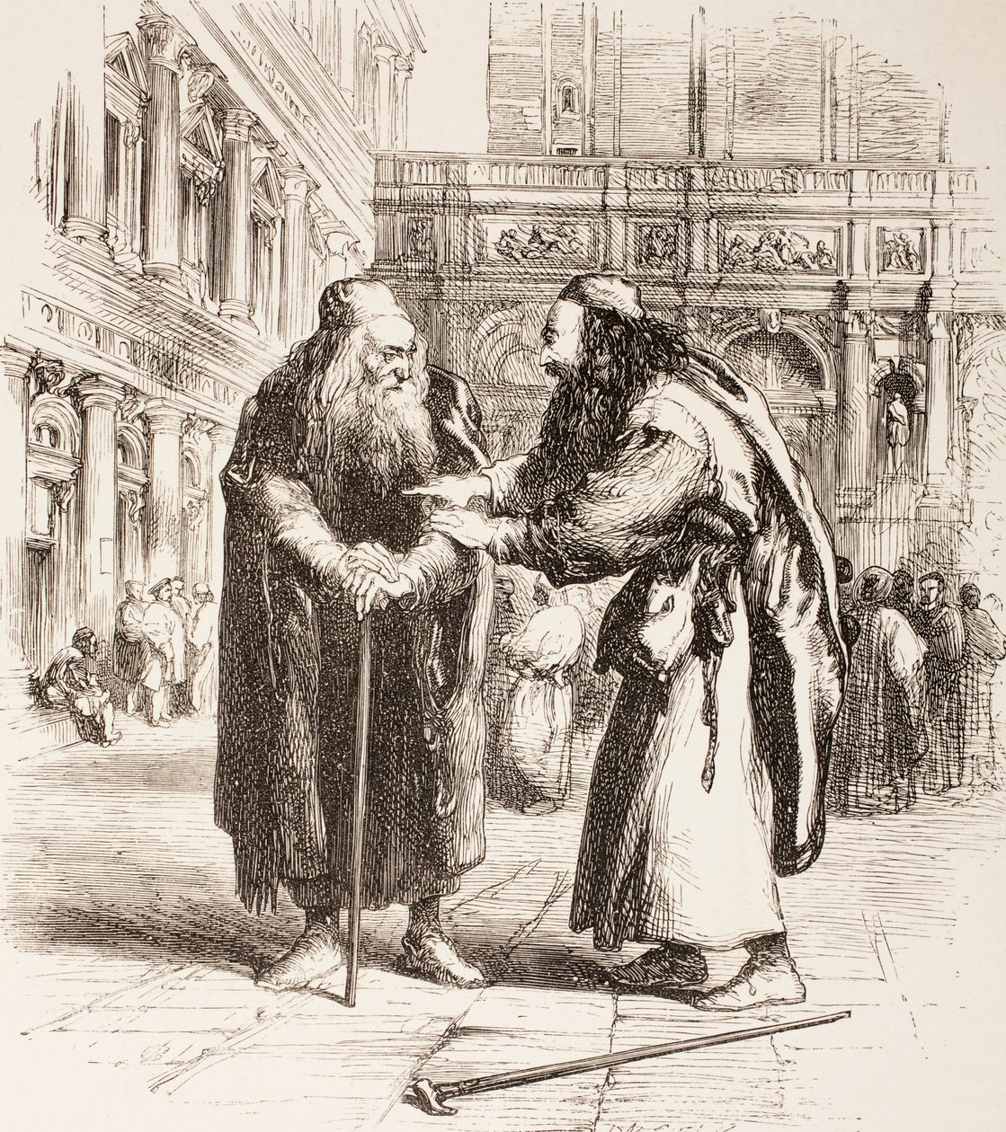 رسم توضيحي لتاجر البندقية ، يلتقي Shylock و Tubal في الشارع ، الفصل الثالث ، المشهد الأول ، من "مكتبة شكسبير المصورة" ، تم نشره في لندن عام 1890 بواسطة جون جيلبرت