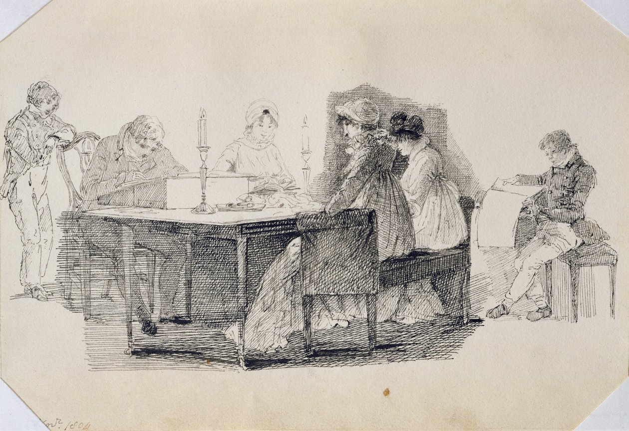 أمسية في المنزل ، 1804 (قلم وحبر على ورق) بواسطة جون هاردن