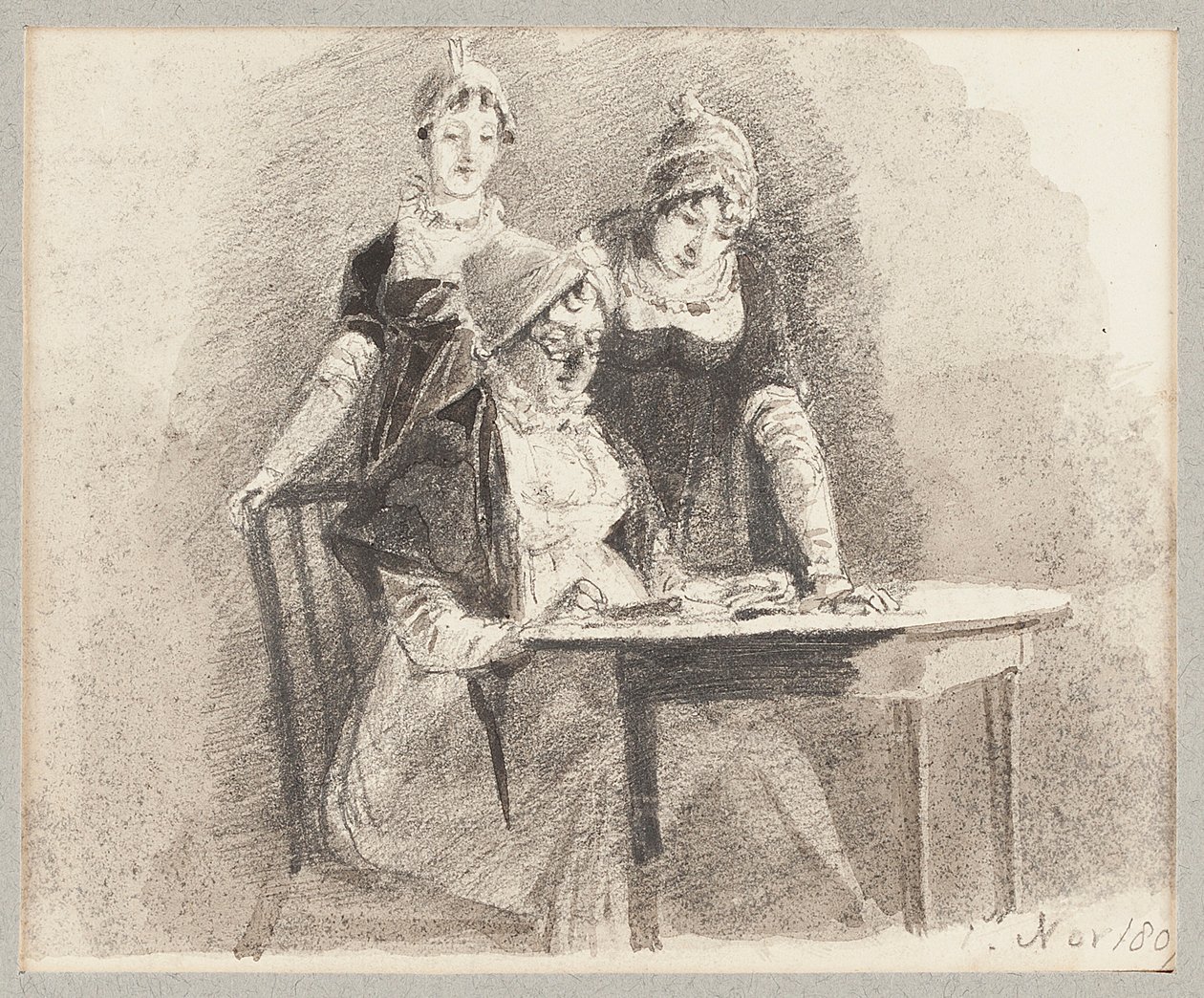 ثلاثة على طاولة ، جلسة واحدة ، 1807 (قلم رصاص وغسل على ورق) بواسطة جون هاردن
