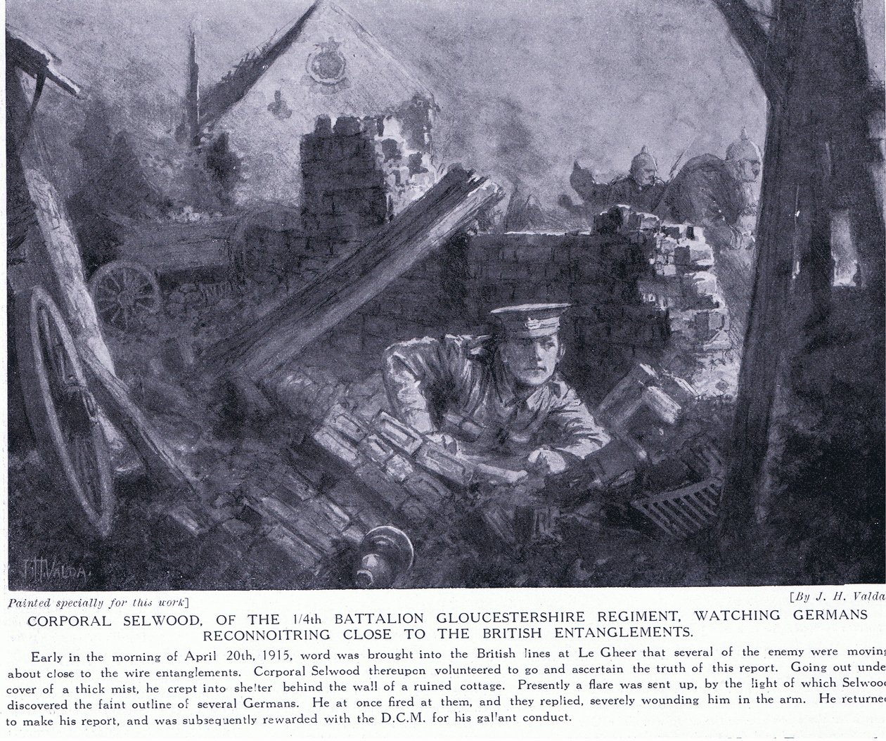 حصل العريف سيلوود على DCM لمشاهدة الألمان وهم يستجوبون قرب التشابك البريطاني في Le Gheer April 1915 بواسطة جون هاريس فالدا