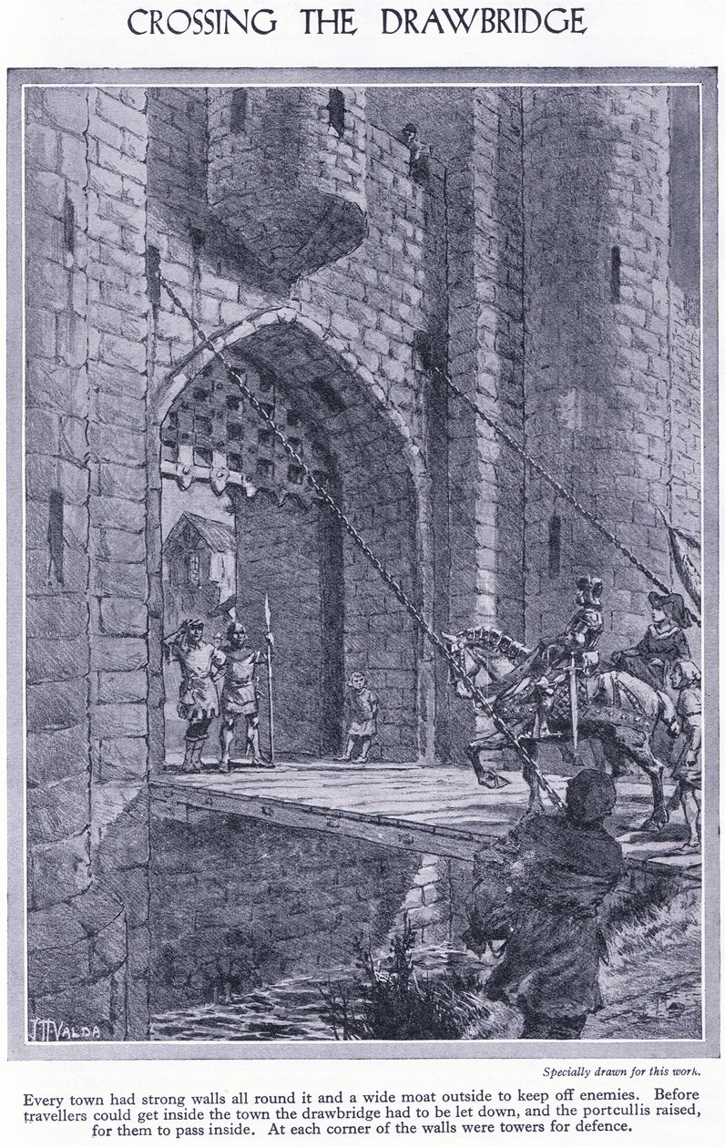 عبور الجسر المتحرك. لكل مدينة جدران قوية وخندق وجسر متحرك وبرج للدفاع ، 1950 م بواسطة جون هاريس فالدا