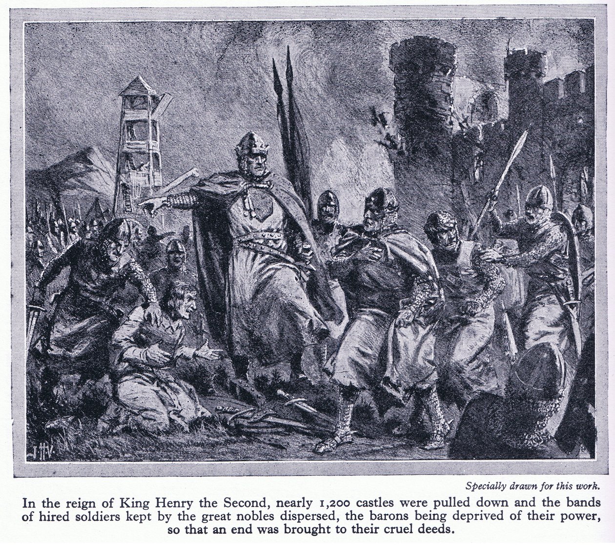 في عهد الملك هنري الثاني ، تم سحب ما يقرب من 1200 قلعة ، وبالتالي حرمان البارونات من قوتهم ، c.1950 بواسطة جون هاريس فالدا
