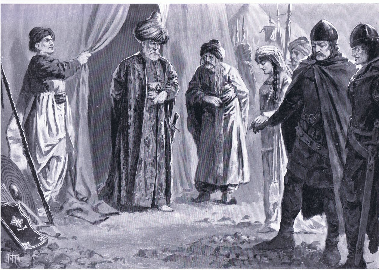 يسلم إيفان شيشمان الثالث أخته إلى السلطان مراد الأول ، 1366 بعد الميلاد ، من تاريخ الأمم في هاتشينسون (المجلد 4) الذي نشره هاتشينسون ، ج. 1920 (ليثو) بواسطة جون هاريس فالدا