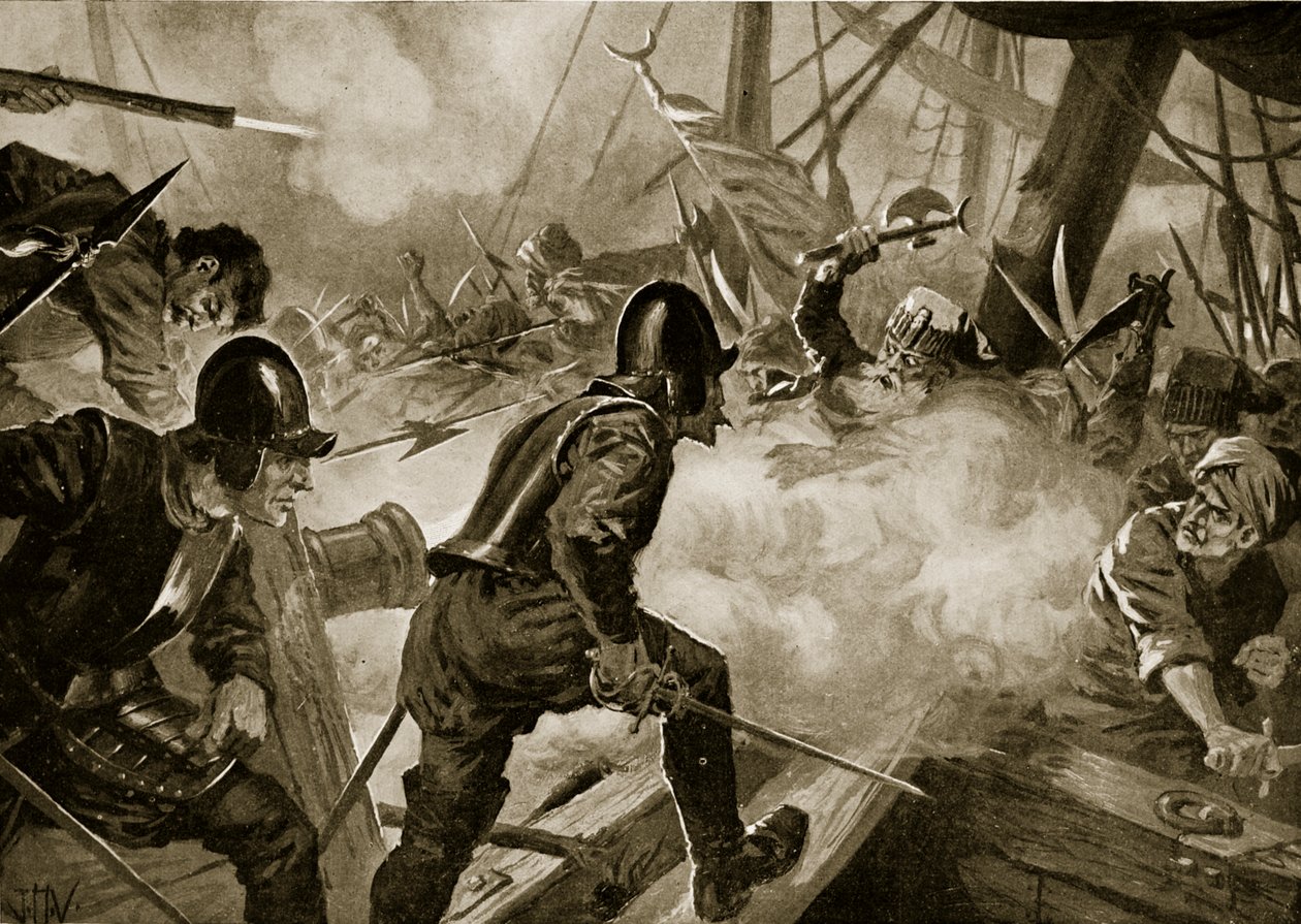 معركة ليبانتو ، رسم توضيحي من "تاريخ الأمم في هاتشينسون" ، حوالي عام 1915 (ليتو) بواسطة جون هاريس فالدا