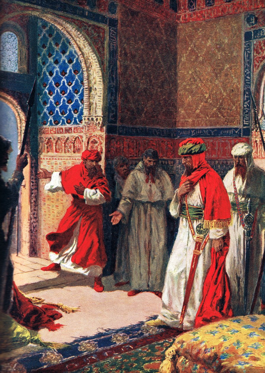 آخر مجلس لبوعبدل في الحمراء ، 1492 ، رسم توضيحي من "تاريخ الأمم لهتشينسون" بواسطة جون هاريس فالدا
