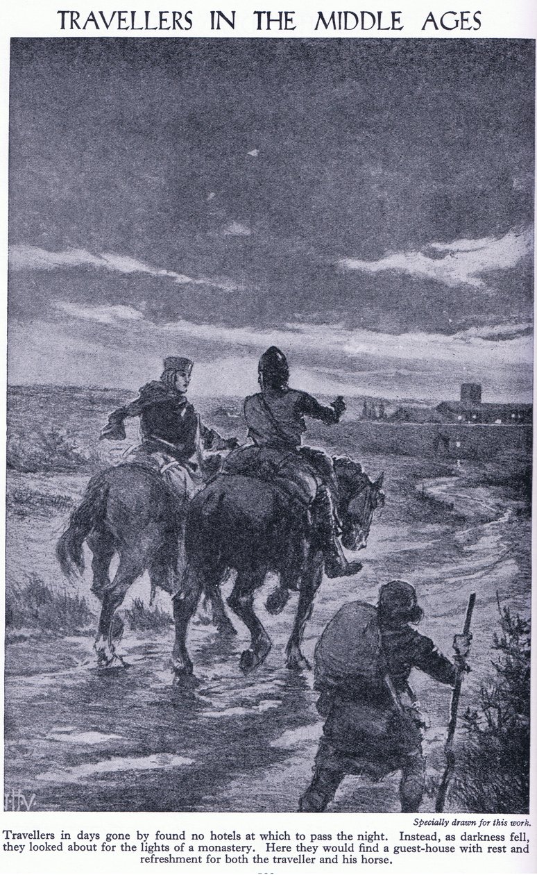 المسافرون في العصور الوسطى. عندما سقط الظلام ، بحث المسافرون عن أضواء دير ، حوالي 1950 بواسطة جون هاريس فالدا