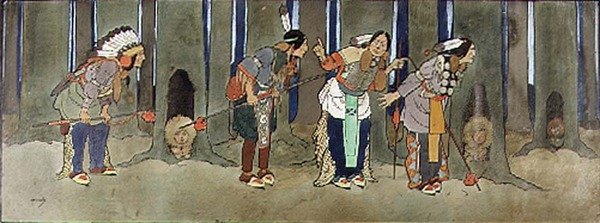 لا تهبط أبدًا: الهنود الحمر يحرسون الأطفال من القراصنة ، رسم توضيحي من "بيتر بان" ، حوالي 1906 بواسطة جون هاسال