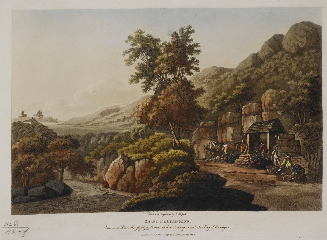 رمح منجم رصاص. منظر بالقرب من Pont Aberglaslyn ، كارنارفونشاير ، مطلة على خليج Cardigan ، نُشر عام 1798 (نقش ملون) بواسطة جون هاسل