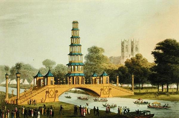 الجسر والمعبد الصيني ، الذي أقيم في الحديقة إحياءً لذكرى السلام المجيد لعام 1814 ، نقشها ماثيو دوبورج (من 1785 إلى 20) بواسطة جون هيفيسايد (بعد) كلارك