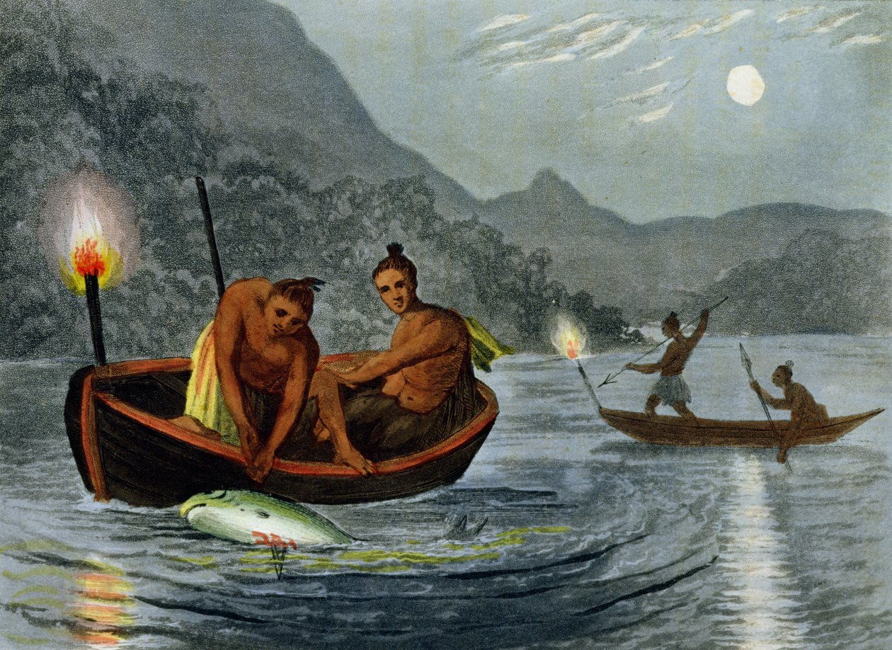 Torch Light Fishing في أمريكا الشمالية ، منقوش بواسطة H. Merke (fl.c.1800-20) ، نشره إدوارد أورم ، 1813 بواسطة جون هيفيسايد كلارك