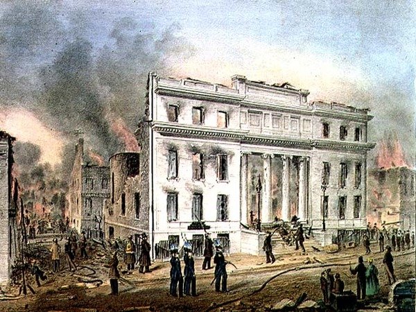 أنقاض بورصة التجار نيويورك ، نقشها ناثانيال كوريير (1813-88) حانة. بواسطة J. Disturnell والفنان بواسطة جون هنري (بعد) بوفورد