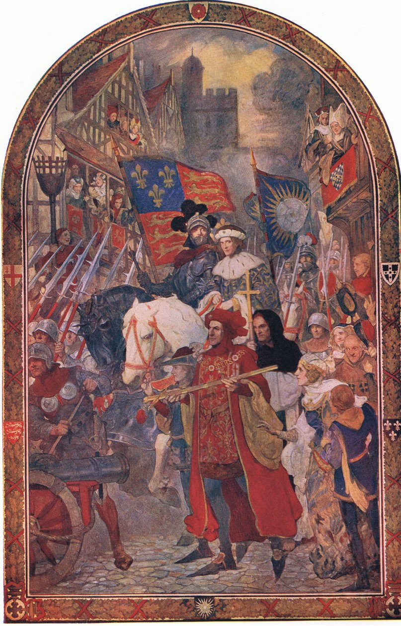 هنري السادس. Battle of Barnet 1471: الفرق المدربة تسير لدعم إدوارد الرابع ، من Cassells History of the British People التي نشرتها شركة Waverley Book Company Limited ، c.1940 (لون ليث بواسطة جون هنري Amshewitz