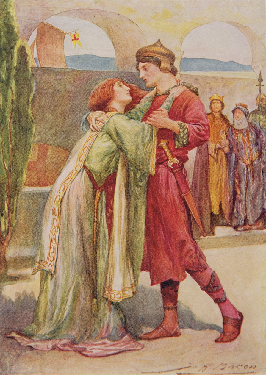 Posthumus و Imogen في Cymbeline من قصص الأطفال من شكسبير بواسطة إديث نسبيت (1858-1924) حانة. بقلم رافائيل توك وأولاده المحدودة ، لندن (رسم توضيحي للكتاب) بواسطة جون هنري فريدريك بيكون
