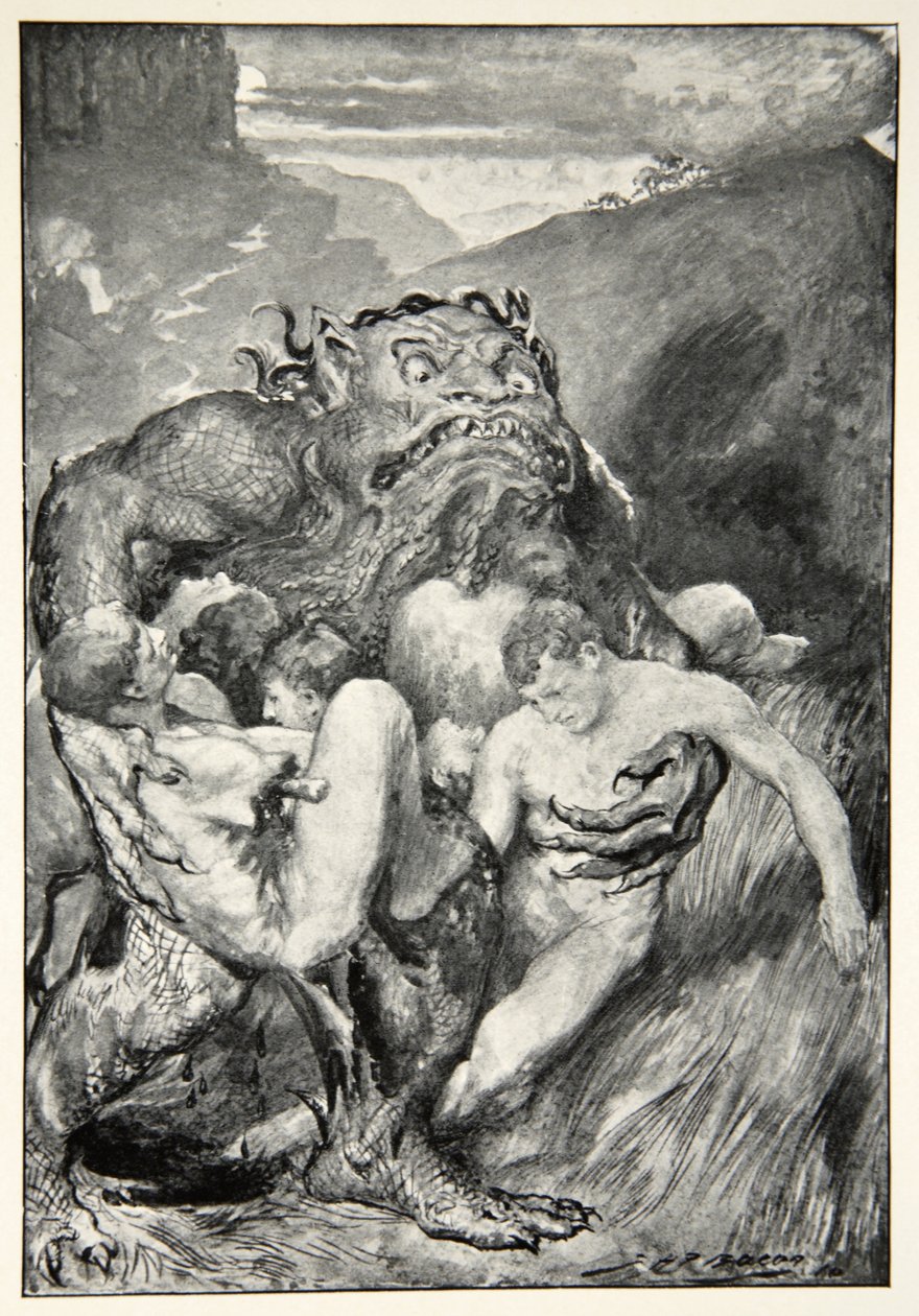 فيلم The Daemon of Evil ، مع مداعبه الشديدة ، أمسكهم بشراهة ، من "أساطير البطل وأساطير العرق البريطاني" بقلم MI Ebbutt ، 1910 بواسطة جون هنري فريدريك بيكون