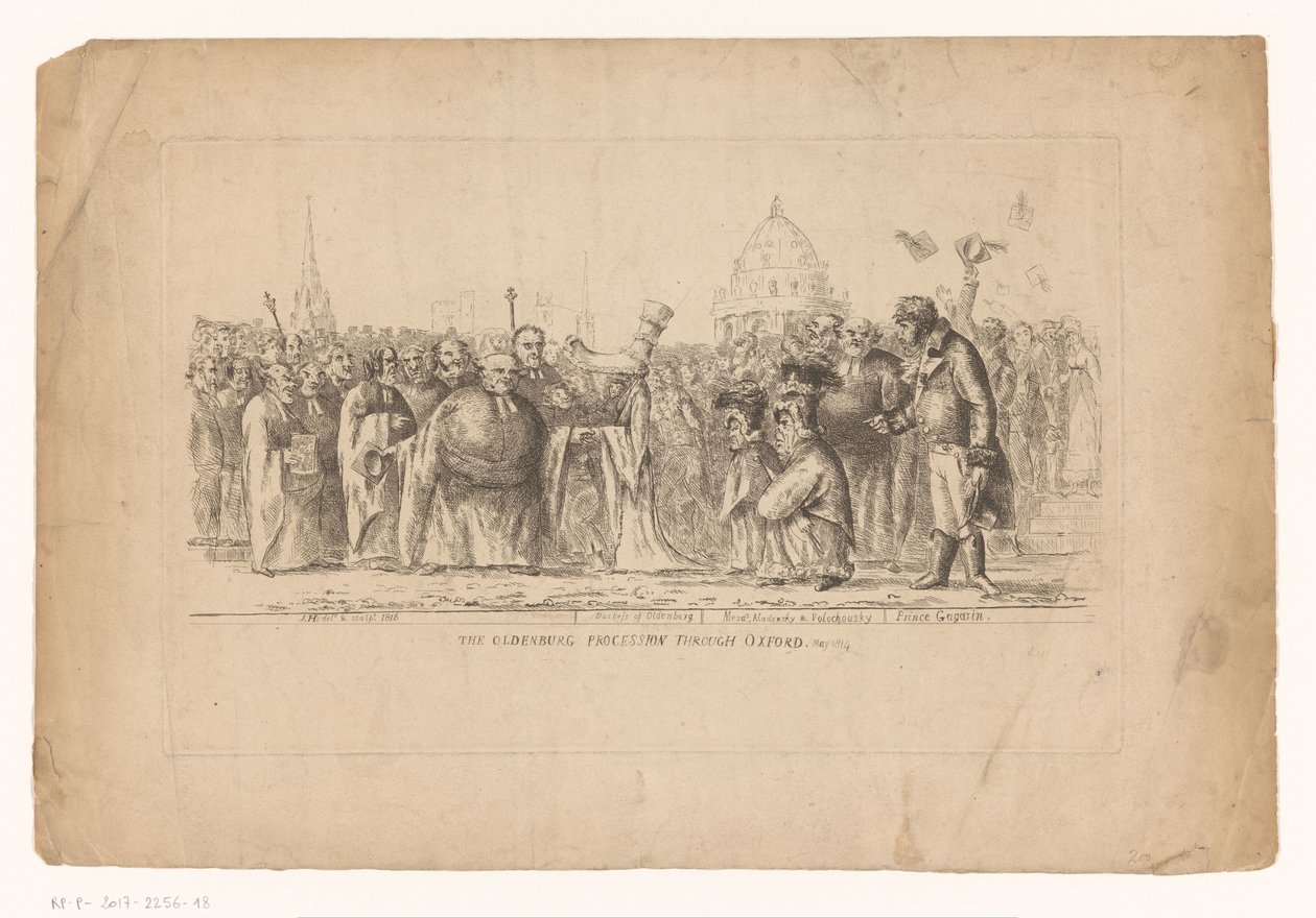 كاثرينا بولونا فان روسلاند في أكسفورد ، ١٨١٤ موكب أولدنبورغ عبر أكسفورد. مايو 1814 (العنوان على الكائن) بواسطة جون هيوز
