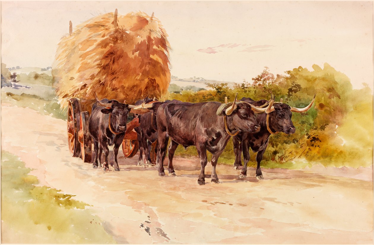 منظر طبيعي مع ثور يسحب Haycart (bc und wc على ورق ، على بطاقة) بواسطة جون إسحاق ريتشاردسون