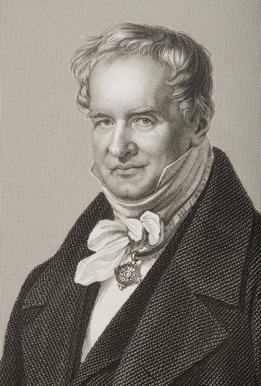 فريدريش هاينريش ألكسندر هومبولت (1769-1859) ، بارون فون همبولت ، نقش بواسطة دي جي باوند من صورة ، من غرفة الرسم للشخصيات البارزة ، المجلد 2 ، نُشر في لندن ، 1860 (engra بواسطة جون جابيز إدوين بيزلي مايال