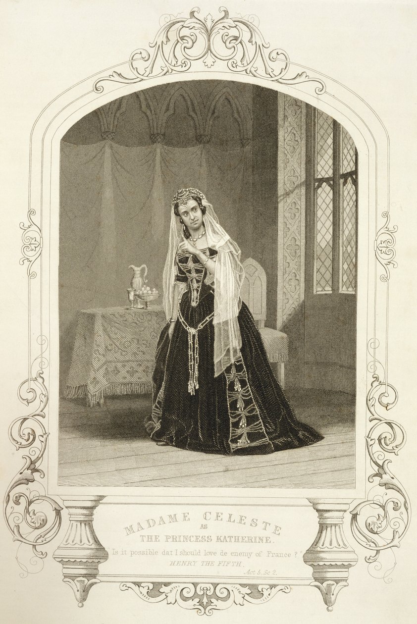 مدام سيليست مثل الأميرة كاثرين ، المشهد الخامس من فيلم "هنري الخامس" ، من نمط daguerreotype ، محفور بواسطة جورج هوليس (1792-1842) ، حانة. by John Tallis und Co. بواسطة جون جابيز إدوين بيزلي مايال