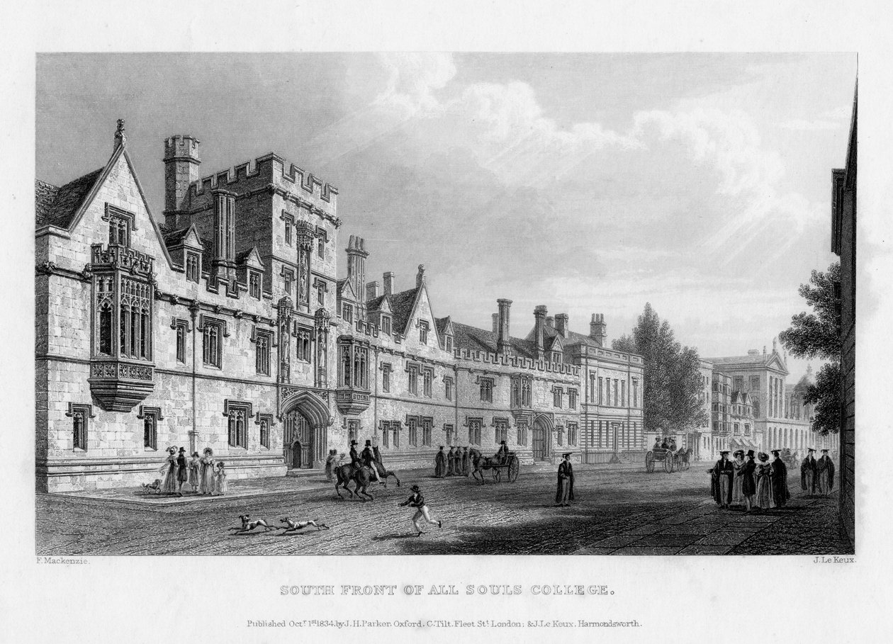 الواجهة الجنوبية لكلية أول سولز ، جامعة أكسفورد ، 1834. بواسطة جون لو كيوكس